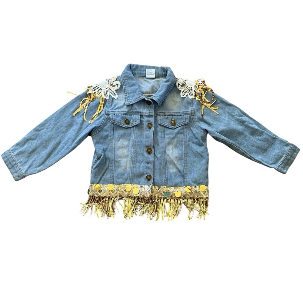 Girls glitter sequin tassel hem denim jacket EUC Size 5/6Y